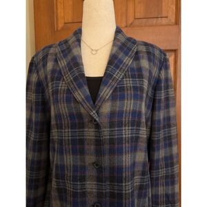 VTG Miss Pendleton Wool Blazer Lightweight Jacket Women L Blue Plaid Button Down